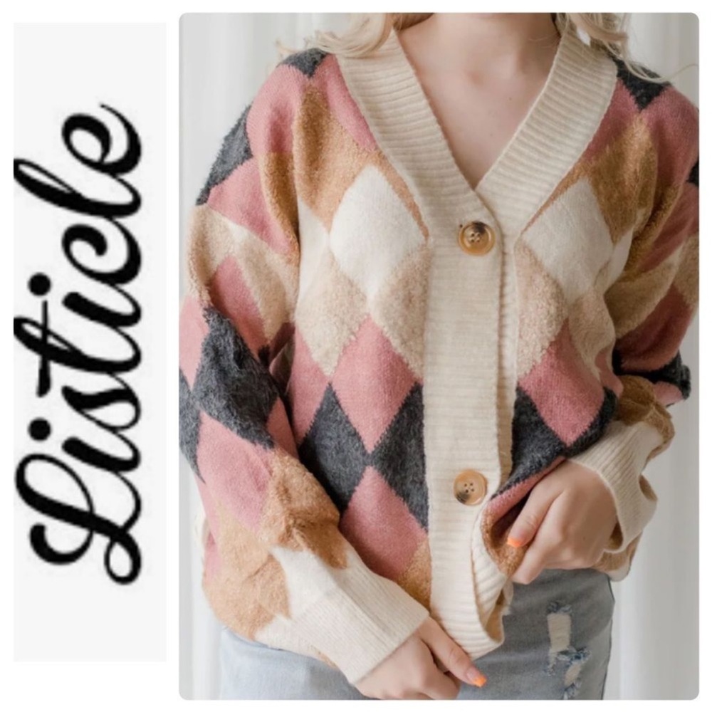 Anthropologie Listicle argyle chunky knit cardigan sweater large